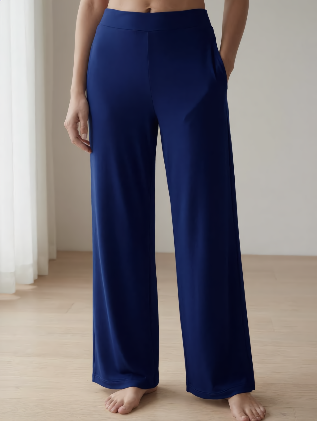 Woman wearing caramel bamboo wide-leg trousers loungewear 